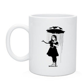 Кружка с принтом Girl in rain (Banksy) в Тюмени, керамика | объем — 330 мл, диаметр — 80 мм. Принт наносится на бока кружки, можно сделать два разных изображения | бэнкси | граффити | девочка | дождь | зонт