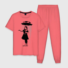 Мужская пижама хлопок с принтом Girl in rain (Banksy) в Тюмени, 100% хлопок | брюки и футболка прямого кроя, без карманов, на брюках мягкая резинка на поясе и по низу штанин
 | Тематика изображения на принте: бэнкси | граффити | девочка | дождь | зонт