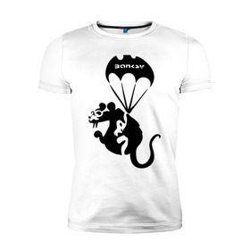 Мужская футболка премиум с принтом Rat with parachute (Banksy) в Тюмени, 92% хлопок, 8% лайкра | приталенный силуэт, круглый вырез ворота, длина до линии бедра, короткий рукав | бэнкси | граффити | грызун | животные | хомяк с парашютом