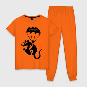 Женская пижама хлопок с принтом Rat with parachute (Banksy) в Тюмени, 100% хлопок | брюки и футболка прямого кроя, без карманов, на брюках мягкая резинка на поясе и по низу штанин | бэнкси | граффити | грызун | животные | хомяк с парашютом