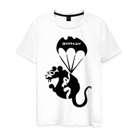 Мужская футболка хлопок с принтом Rat with parachute (Banksy) в Тюмени, 100% хлопок | прямой крой, круглый вырез горловины, длина до линии бедер, слегка спущенное плечо. | бэнкси | граффити | грызун | животные | хомяк с парашютом