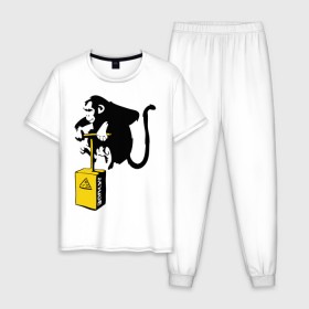 Мужская пижама хлопок с принтом TNT monkey (Banksy) в Тюмени, 100% хлопок | брюки и футболка прямого кроя, без карманов, на брюках мягкая резинка на поясе и по низу штанин
 | Тематика изображения на принте: бэнкси | граффити | животные | обезьяна