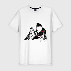 Мужская футболка премиум с принтом Раненый парень (Banksy) в Тюмени, 92% хлопок, 8% лайкра | приталенный силуэт, круглый вырез ворота, длина до линии бедра, короткий рукав | бэнкси | граффити | кровь | парень | рана | силуэт