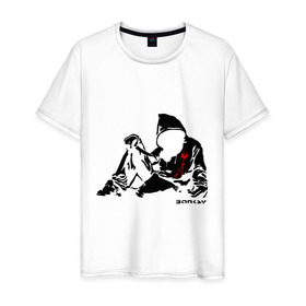 Мужская футболка хлопок с принтом Раненый парень (Banksy) в Тюмени, 100% хлопок | прямой крой, круглый вырез горловины, длина до линии бедер, слегка спущенное плечо. | Тематика изображения на принте: бэнкси | граффити | кровь | парень | рана | силуэт