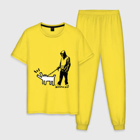 Мужская пижама хлопок с принтом Парень с собакой (Banksy) в Тюмени, 100% хлопок | брюки и футболка прямого кроя, без карманов, на брюках мягкая резинка на поясе и по низу штанин
 | dog | бэнкси | граффити | собака