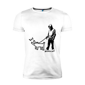 Мужская футболка премиум с принтом Парень с собакой (Banksy) в Тюмени, 92% хлопок, 8% лайкра | приталенный силуэт, круглый вырез ворота, длина до линии бедра, короткий рукав | dog | бэнкси | граффити | собака