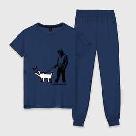 Женская пижама хлопок с принтом Парень с собакой (Banksy) в Тюмени, 100% хлопок | брюки и футболка прямого кроя, без карманов, на брюках мягкая резинка на поясе и по низу штанин | dog | бэнкси | граффити | собака