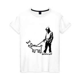 Женская футболка хлопок с принтом Парень с собакой (Banksy) в Тюмени, 100% хлопок | прямой крой, круглый вырез горловины, длина до линии бедер, слегка спущенное плечо | dog | бэнкси | граффити | собака