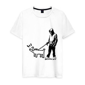 Мужская футболка хлопок с принтом Парень с собакой (Banksy) в Тюмени, 100% хлопок | прямой крой, круглый вырез горловины, длина до линии бедер, слегка спущенное плечо. | dog | бэнкси | граффити | собака