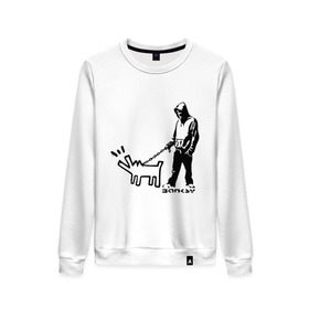 Женский свитшот хлопок с принтом Парень с собакой (Banksy) в Тюмени, 100% хлопок | прямой крой, круглый вырез, на манжетах и по низу широкая трикотажная резинка  | dog | бэнкси | граффити | собака
