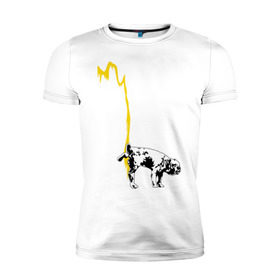 Мужская футболка премиум с принтом Peeing dog (Banksy) в Тюмени, 92% хлопок, 8% лайкра | приталенный силуэт, круглый вырез ворота, длина до линии бедра, короткий рукав | бульдог | бэнкси | граффити | собака