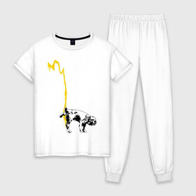 Женская пижама хлопок с принтом Peeing dog (Banksy) в Тюмени, 100% хлопок | брюки и футболка прямого кроя, без карманов, на брюках мягкая резинка на поясе и по низу штанин | бульдог | бэнкси | граффити | собака