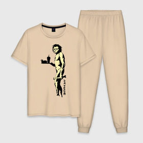 Мужская пижама хлопок с принтом Древний человек Бэнкси в Тюмени, 100% хлопок | брюки и футболка прямого кроя, без карманов, на брюках мягкая резинка на поясе и по низу штанин
 | Тематика изображения на принте: бэнкси | граффити | неандерталец | примат