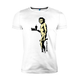 Мужская футболка премиум с принтом Древний человек Бэнкси в Тюмени, 92% хлопок, 8% лайкра | приталенный силуэт, круглый вырез ворота, длина до линии бедра, короткий рукав | Тематика изображения на принте: бэнкси | граффити | неандерталец | примат