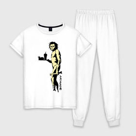 Женская пижама хлопок с принтом Древний человек Бэнкси в Тюмени, 100% хлопок | брюки и футболка прямого кроя, без карманов, на брюках мягкая резинка на поясе и по низу штанин | Тематика изображения на принте: бэнкси | граффити | неандерталец | примат