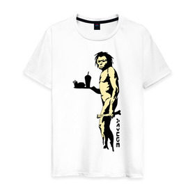 Мужская футболка хлопок с принтом Древний человек Бэнкси в Тюмени, 100% хлопок | прямой крой, круглый вырез горловины, длина до линии бедер, слегка спущенное плечо. | Тематика изображения на принте: бэнкси | граффити | неандерталец | примат