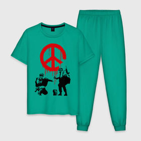Мужская пижама хлопок с принтом Peace Banksy в Тюмени, 100% хлопок | брюки и футболка прямого кроя, без карманов, на брюках мягкая резинка на поясе и по низу штанин
 | Тематика изображения на принте: бэнкси | граффити | люди | мир | оружие