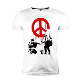 Мужская футболка премиум с принтом Peace Banksy в Тюмени, 92% хлопок, 8% лайкра | приталенный силуэт, круглый вырез ворота, длина до линии бедра, короткий рукав | Тематика изображения на принте: бэнкси | граффити | люди | мир | оружие