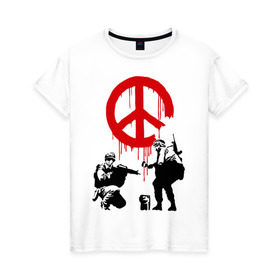 Женская футболка хлопок с принтом Peace Banksy в Тюмени, 100% хлопок | прямой крой, круглый вырез горловины, длина до линии бедер, слегка спущенное плечо | бэнкси | граффити | люди | мир | оружие