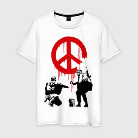 Мужская футболка хлопок с принтом Peace Banksy в Тюмени, 100% хлопок | прямой крой, круглый вырез горловины, длина до линии бедер, слегка спущенное плечо. | бэнкси | граффити | люди | мир | оружие