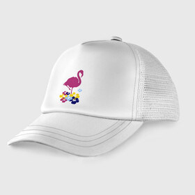 Детская кепка тракер с принтом Фламинго в Тюмени, Козырек - 100% хлопок. Кепка - 100% полиэстер, Задняя часть - сетка | универсальный размер, пластиковая застёжка | летние | лето | птица | цветочки | цветы