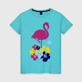 Женская футболка хлопок с принтом Фламинго в Тюмени, 100% хлопок | прямой крой, круглый вырез горловины, длина до линии бедер, слегка спущенное плечо | летние | лето | птица | цветочки | цветы