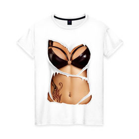 Женская футболка хлопок с принтом Кожаный бюст в Тюмени, 100% хлопок | прямой крой, круглый вырез горловины, длина до линии бедер, слегка спущенное плечо | body | woman body | голое тело | женское тело | подарок жене | тело