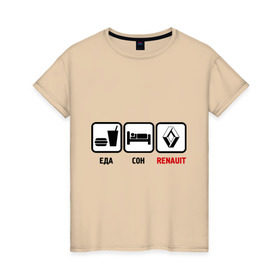 Женская футболка хлопок с принтом Главное в жизни - еда, сон, renault в Тюмени, 100% хлопок | прямой крой, круглый вырез горловины, длина до линии бедер, слегка спущенное плечо | авто | автомобиль | знаки | рено | тачки
