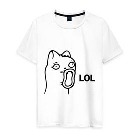 Мужская футболка хлопок с принтом LoL-кот в Тюмени, 100% хлопок | прямой крой, круглый вырез горловины, длина до линии бедер, слегка спущенное плечо. | Тематика изображения на принте: интернет приколы | кот | котяра | кошак | лол | мем