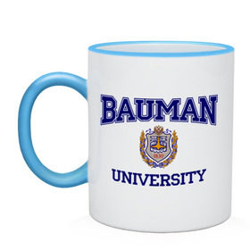 Кружка двухцветная с принтом BAUMAN University в Тюмени, керамика | объем — 330 мл, диаметр — 80 мм. Цветная ручка и кайма сверху, в некоторых цветах — вся внутренняя часть | баумана | вуз | институт | студенческие | университет