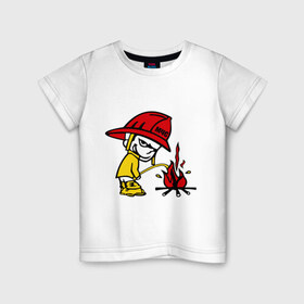 Детская футболка хлопок с принтом Пожарник в Тюмени, 100% хлопок | круглый вырез горловины, полуприлегающий силуэт, длина до линии бедер | каска | мальчик | мчс | огонь | писает | пожар | профессии | спасение | тушить