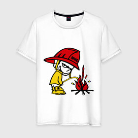 Мужская футболка хлопок с принтом Пожарник в Тюмени, 100% хлопок | прямой крой, круглый вырез горловины, длина до линии бедер, слегка спущенное плечо. | каска | мальчик | мчс | огонь | писает | пожар | профессии | спасение | тушить