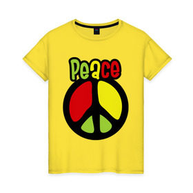 Женская футболка хлопок с принтом Peace red, yellow, green в Тюмени, 100% хлопок | прямой крой, круглый вырез горловины, длина до линии бедер, слегка спущенное плечо | reggae | мир | регги