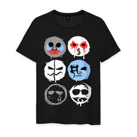 Мужская футболка хлопок с принтом HU Mask в Тюмени, 100% хлопок | прямой крой, круглый вырез горловины, длина до линии бедер, слегка спущенное плечо. | Тематика изображения на принте: hollywood undead | hu | hu mask one color | undead | злые маски | маски | рок реп группа hollywood undead