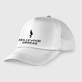 Детская кепка тракер с принтом Hollywood Undead logo в Тюмени, Козырек - 100% хлопок. Кепка - 100% полиэстер, Задняя часть - сетка | универсальный размер, пластиковая застёжка | Тематика изображения на принте: hollywood undead | hu | hu mask one color | undead | рок реп группа hollywood undead