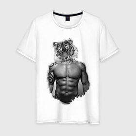 Мужская футболка хлопок с принтом Tiger power в Тюмени, 100% хлопок | прямой крой, круглый вырез горловины, длина до линии бедер, слегка спущенное плечо. | голова животного | тело человека | тигр с телом человека | человек с головой тигра