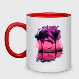 Кружка двухцветная с принтом Palm Relax в Тюмени, керамика | объем — 330 мл, диаметр — 80 мм. Цветная ручка и кайма сверху, в некоторых цветах — вся внутренняя часть | летние | лето | на лето | пальмы | пляж