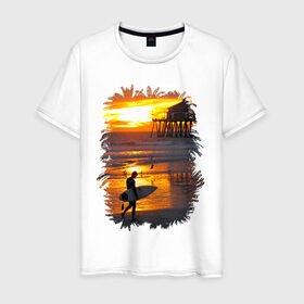 Мужская футболка хлопок с принтом Summer surfing в Тюмени, 100% хлопок | прямой крой, круглый вырез горловины, длина до линии бедер, слегка спущенное плечо. | летние | лето | море | на лето | океан | пляж | серфинг