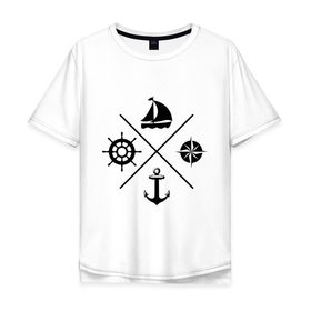 Мужская футболка хлопок Oversize с принтом Sailor theme в Тюмени, 100% хлопок | свободный крой, круглый ворот, “спинка” длиннее передней части | sailor theme | азимут | компас | кораблик | корабль | лодка | путешествие | штурвал | якорь
