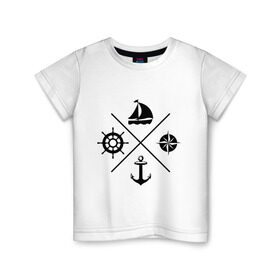 Детская футболка хлопок с принтом Sailor theme в Тюмени, 100% хлопок | круглый вырез горловины, полуприлегающий силуэт, длина до линии бедер | sailor theme | азимут | компас | кораблик | корабль | лодка | путешествие | штурвал | якорь