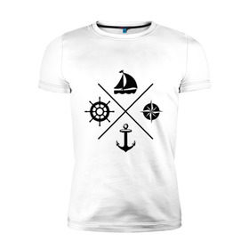 Мужская футболка премиум с принтом Sailor theme в Тюмени, 92% хлопок, 8% лайкра | приталенный силуэт, круглый вырез ворота, длина до линии бедра, короткий рукав | sailor theme | азимут | компас | кораблик | корабль | лодка | путешествие | штурвал | якорь
