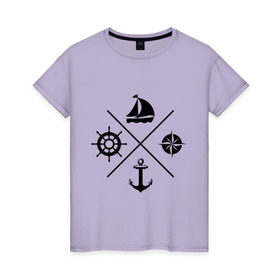 Женская футболка хлопок с принтом Sailor theme в Тюмени, 100% хлопок | прямой крой, круглый вырез горловины, длина до линии бедер, слегка спущенное плечо | sailor theme | азимут | компас | кораблик | корабль | лодка | путешествие | штурвал | якорь