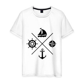 Мужская футболка хлопок с принтом Sailor theme в Тюмени, 100% хлопок | прямой крой, круглый вырез горловины, длина до линии бедер, слегка спущенное плечо. | sailor theme | азимут | компас | кораблик | корабль | лодка | путешествие | штурвал | якорь