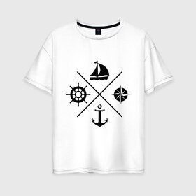Женская футболка хлопок Oversize с принтом Sailor theme в Тюмени, 100% хлопок | свободный крой, круглый ворот, спущенный рукав, длина до линии бедер
 | sailor theme | азимут | компас | кораблик | корабль | лодка | путешествие | штурвал | якорь