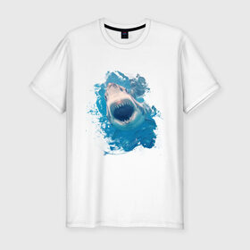 Мужская футболка премиум с принтом Акула watercolor в Тюмени, 92% хлопок, 8% лайкра | приталенный силуэт, круглый вырез ворота, длина до линии бедра, короткий рукав | 