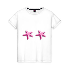 Женская футболка хлопок с принтом Морские звездочки в Тюмени, 100% хлопок | прямой крой, круглый вырез горловины, длина до линии бедер, слегка спущенное плечо | 