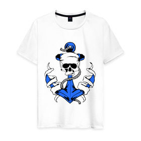 Мужская футболка хлопок с принтом Якорь с черепом в Тюмени, 100% хлопок | прямой крой, круглый вырез горловины, длина до линии бедер, слегка спущенное плечо. | корабль | летние | лето | море | отдых | отпуск | пиратские | пираты | пляж