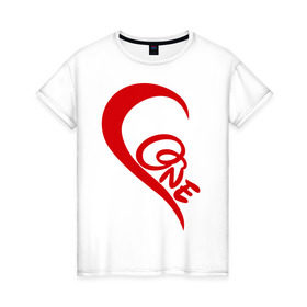 Женская футболка хлопок с принтом One love парная в Тюмени, 100% хлопок | прямой крой, круглый вырез горловины, длина до линии бедер, слегка спущенное плечо | для влюбленных | для двоих | для пары | любимая | любимый | любовь | парная | половинка | сердечко | сердце