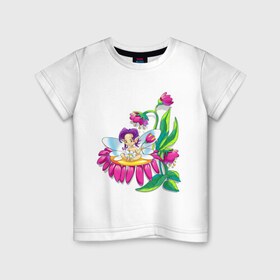 Детская футболка хлопок с принтом Фея на цветке. в Тюмени, 100% хлопок | круглый вырез горловины, полуприлегающий силуэт, длина до линии бедер | девочка фея | фея | фея в цветке | фея на цветке | цветок
