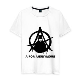 Мужская футболка хлопок с принтом A for Anonymous (А значит аноним) в Тюмени, 100% хлопок | прямой крой, круглый вырез горловины, длина до линии бедер, слегка спущенное плечо. | anonymous | аноним | анонимус | вендета | вендетта | гай фокс